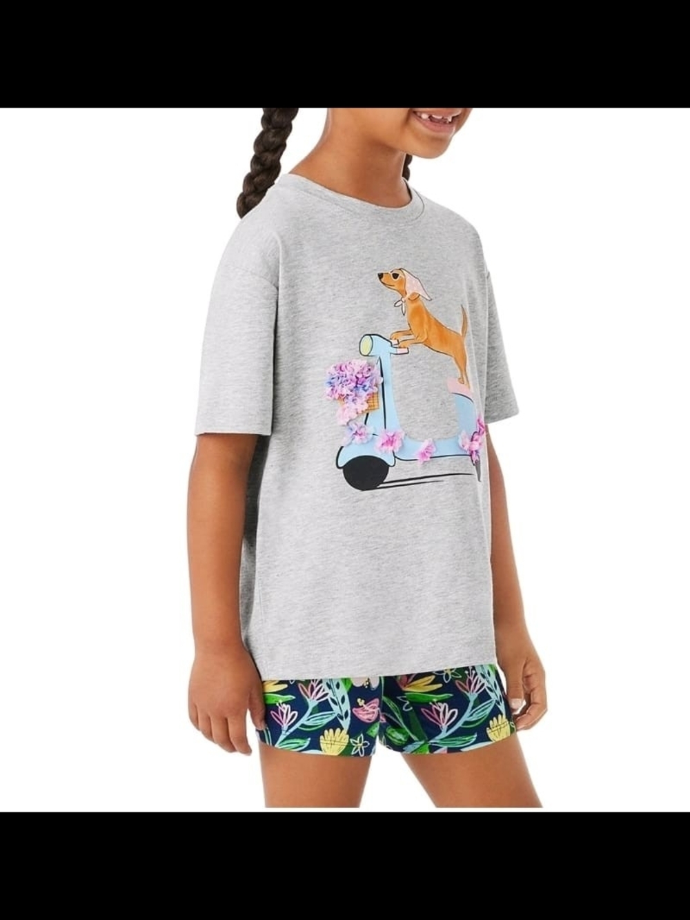 Member'sMark Girls Gray Short Sleeve Crew Neck Graphic Dog Scooter Tee 14/16 NWT